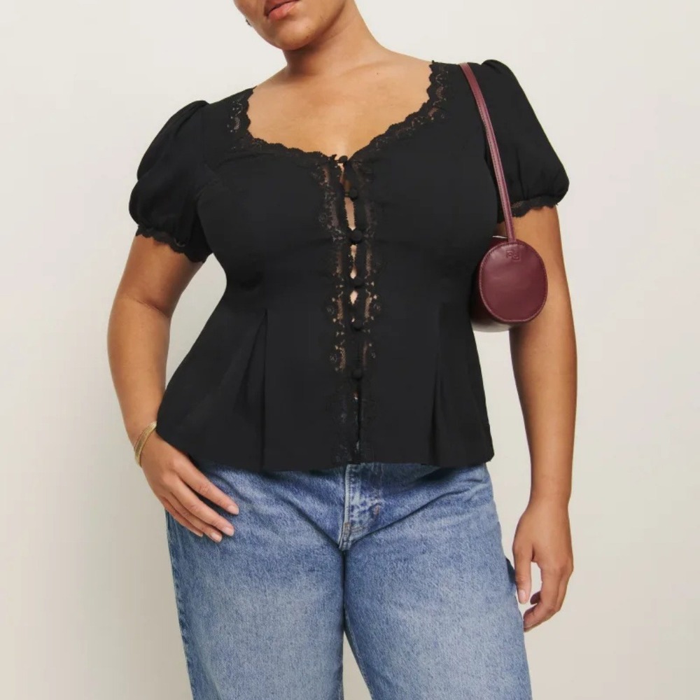 Reformation | NWT Minette Es Lace Button Puff Sleeve Top in Black